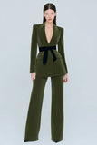 Olive Velvet Peak Lapel 2 Piece Women's Business Suits with Belt
