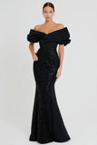 Off the Shoulder Mermaid Black Sequin Long Formal Dress