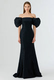 Black Off the Shoulder Mermaid Sequin Puff Sleeve Long Formal Dress