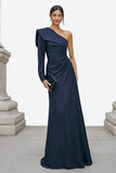 Navy One Shoulder Mermaid Long Sleeve Formal Dress