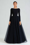 Black A Line Beaded Round Neck Long Sleeve Formal Dress