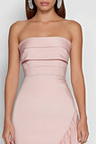 Strapless Pink Sheath Long Satin Dress with Ruffles