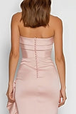 Strapless Pink Sheath Long Satin Dress with Ruffles