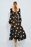 Brown and White A Line Square Neck Polka Dots Dress with Long Sleeves
