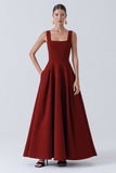 Burgundy A-Line Satin Long Wedding Guest Dress with Pockets