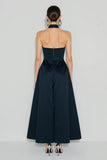 Halter Navy A-Line Long Satin Dress with Pockets
