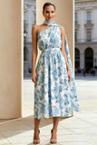 White Blue Flower A Line One Shoulder Print Convertible Dress with Streamer
