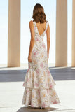 Pink Mermaid Beaded V-Neck Long Floral Dress with Ruffles