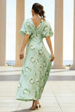 Sage Sheath V-Neck Long Floral Dress with Cape Sleeves