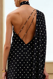 Black White Dots One Shoulder Sheath Long Convertible Dress with Streamer