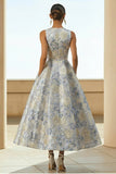 Dusty Blue A Line Floral Long Jacquard Dress with Pockets
