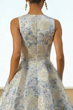 Dusty Blue A Line Floral Long Jacquard Dress with Pockets