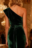 Dark Green Sheath One Shoulder Velvet Long Formal Dress with Side Cape
