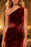 Burgundy Mermaid Velvet One Shoulder Ruched Long Formal Dress