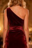 Burgundy Mermaid Velvet One Shoulder Ruched Long Formal Dress