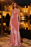 Sparkly Pink Spaghetti Straps Sheath Velvet Formal Dress with Beading