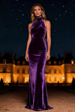 Purple Velvet Halter Sheath Long Formal Dress