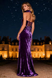 Purple Velvet Halter Sheath Long Formal Dress
