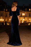 Navy Mermaid Square Neck Puff Sleeves Velvet Long Formal Dress