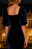 Navy Mermaid Square Neck Puff Sleeves Velvet Long Formal Dress