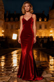 Burgundy Mermaid Spaghetti Straps Velvet Long Formal Dress