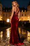 Burgundy Mermaid Spaghetti Straps Velvet Long Formal Dress