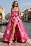 Strapless Bright Pink A Line Prom Dress With Pearls