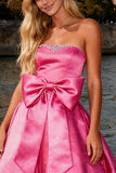Strapless Bright Pink Ball Gown Prom Dress With Bow