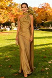 Khaki High Neck Mermaid Long Formal Dress with Side Cape