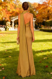 Khaki High Neck Mermaid Long Formal Dress with Side Cape