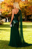 Sparkly Dark Green Sequin One Shoulder Sheath Long Formal Dress with Slit