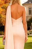Pink One Shoulder Ruched Mermaid Formal Dress with Side Streamer