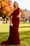 Burgundy Mermaid Ruched Long Formal Dress with Side Cape