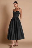 A Line Spaghetti Straps Satin Black Tie Dress