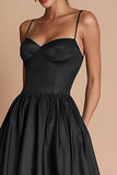 A Line Spaghetti Straps Satin Black Tie Dress