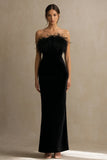 Black Velvet Strapless Long Holiday Party Dress with Feather