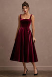 Burgundy A Line Thick Straps Velvet Holiday Party Dress