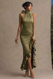 Olive High Neck Mermaid Ruffled Long Formal Dress with Slit