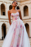 Sparkly Pink Floral Strapless A Line Beaded Long Prom Dress