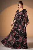 Black Pink Floral A Line Long Sleeve Mother of the Bride Dress