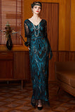 Black Blue Sheath Sequin V-Neck Long 1920s Dress