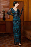 Black Blue Sheath Sequin V-Neck Long 1920s Dress
