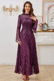 Dark Purple Beaded A Line Mother of the Bride Dress with Long Sleeves