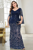 Black Sequin V-Neck Plus Size Mother of the Bride Dress