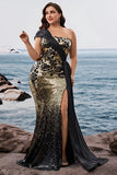 Saprkly Black Golden Mermaid One Shoulder Long Evening Dress with Slit