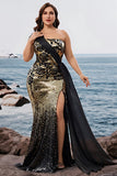Saprkly Black Golden Mermaid One Shoulder Long Evening Dress with Slit