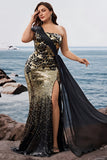Saprkly Black Golden Mermaid One Shoulder Long Evening Dress with Slit