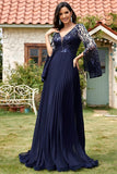 Navy Sequin V Neck Pleated Long Mother of the Bride Dress