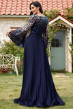 Navy Sequin V Neck Pleated Long Mother of the Bride Dress