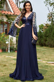 Navy Sequin V Neck Pleated Long Mother of the Bride Dress
